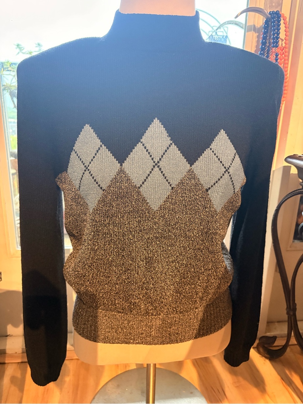 Woman’s Navy & Gray Argyle Funnel Neck Sweater